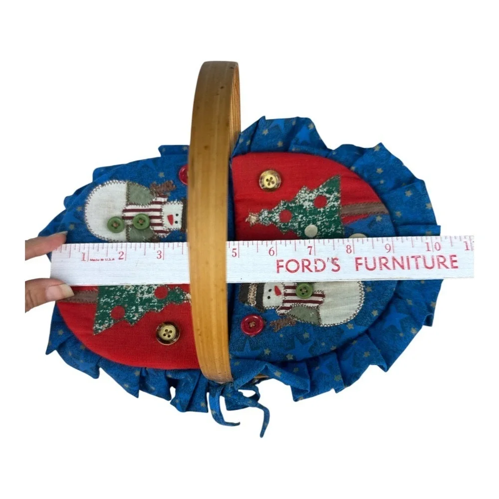 Vintage Handmade Primitive Christmas Basket Snowman Tree Print Fabric Line Small